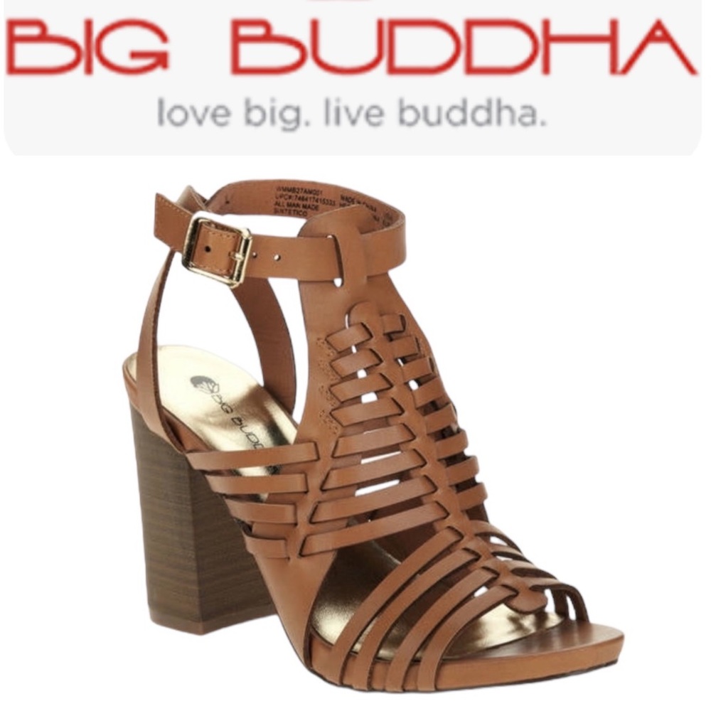 BIG BUDDHA WOVEN VEGAN LEATHER PEEP TOE STACKED HEELED SANDALS